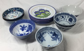 Group Of Painted Desert Plates And Blue & White Bowls