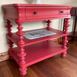 Ethan Allen Painted Deep Coral Side Table With Turned Legs, Drawer & Shelves