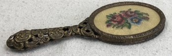 Vintage Floral Cast Small Hand Mirror With Needle Point