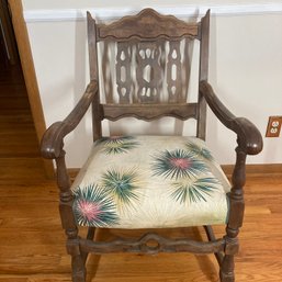 Antique Carved Wood Arm Chair With Vintage Barkcloth Upholstered Seat- See Photos For Condition