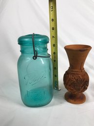 Blue Ball Jar With Lid,  Centennial Celebration & Unique Carved Wood Vessel