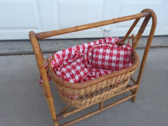 Handmade Vintage Rattan Doll Cradle With Checkered Pillow