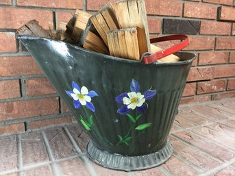 Floral Painted Bucket With Wood Contents