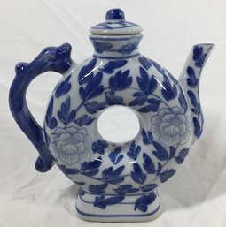 Vintage Chinese Blue And White Porcelain Teapot Donut Shape 7'