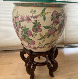 Big Asian Floral Motif Planting Pot With Carved Wooden Base And Plate Glass Top