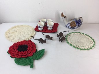 Fun Mixed Lot Of Vintage Crocheted Pot Holders, Metal Mice, Egg Cups & Painted Goose