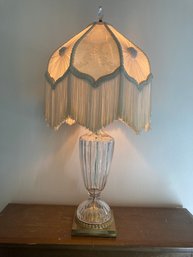 Beautiful Detailed Fluted Glass Lamp With White Fringe Shade