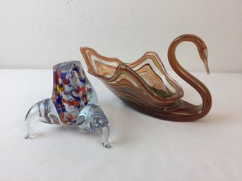 Unique Art Glass Swan Dish ( Floral Foam Can Be Removed) & Funky Art Glass 3 Leg Paperweight