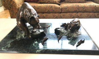 Beautiful 30 Inch Wide Mama Bear With Cub Fishing Bronze Sculpture With Beveled Base