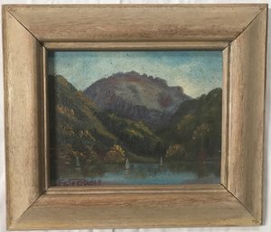 Small Framed Original Painting Of Mountain & Lake Scene