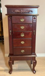 Nice Wooden Jewelry Cabinet With Hinged Top Lid & Lots Of Storage
