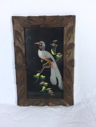Feather Art Bird In Carved Wood Framed On Dark Background