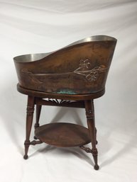 Embossed Floral Vintage Copper Basin On Wooden Stand (Doll/baby Size)