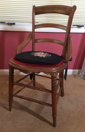 Antique Wooden Chair With Hand Carving & Black Needle Point Cushion