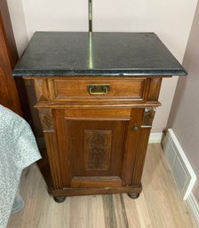 Ornate Carved Hard Wood Antique Bedside Table With Black Stone Top (right Side)