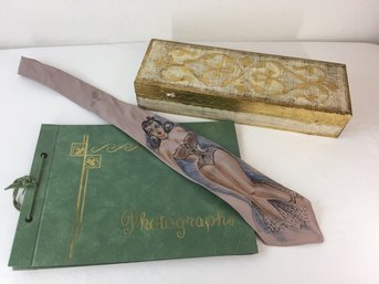 Trio Of Vintage Items- Hand Painted Pin- Up Tie, Unused Photograph Album, Hand Painted Box Made In Italy