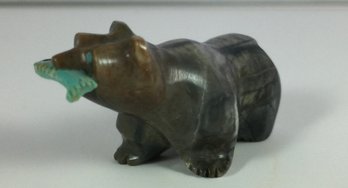 Carved Picasso Jasper Zuni Bear With Turquoise Fish  Fetish