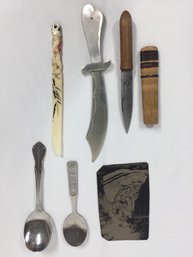 Assortment Of Vintage Items- Spoons, Letter Openers, Tin Picture