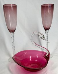 Colorful & Delicate Glass Swan Dish & Violet Long Stem Glasses