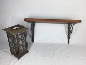 Cute Vine Detailed Lantern With Wooden Wall Shelf  (see Photos For Condition- Damage On Lantern)