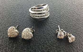 Group Of Silver Tone & Set White Stone Jewelry
