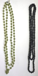 Two Long Strands Of Beads- Plastic Faceted Lime Strand And Knotted Black Glass Strand