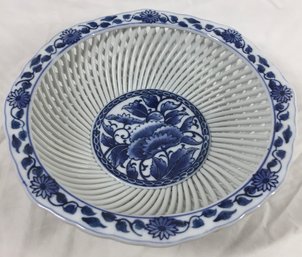 Vintage Hasami Yaki Blue And White Lattice Porcelain Bowl