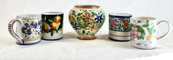 *group Of Mugs And Painted Vessel- Made In Italy