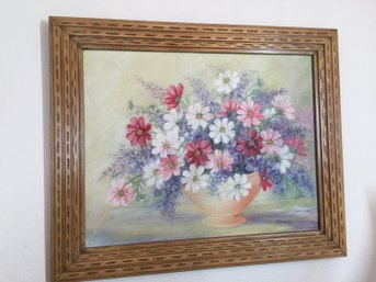 Original Floral Bouquet Painting In Unique Wood Frame