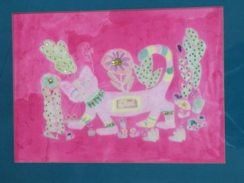 Framed Pink Cat Batik With Bead Embellishments