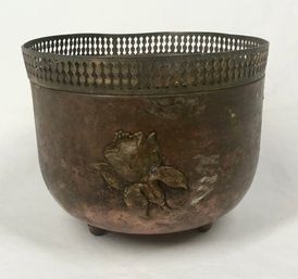 Patinaed Copper Planter With Rose Detail