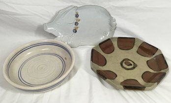 Trio Of Interesting Platers - Cute Pig With Flowers, Blue Stripes, Brown Octagonal