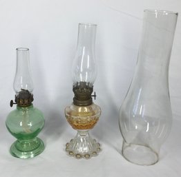 2 Antique Glass Oil Lamps & 1 Large Oil Lamp Glass Hurricane
