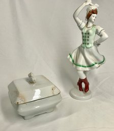 Hollohaza Fine Porcelain Hand Painted Dancing Woman & Porcelain Box With Insert - See Photos For Condition