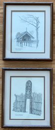 Pair Of Framed Illustration Prints Depicting New Zealand Architecture Elements