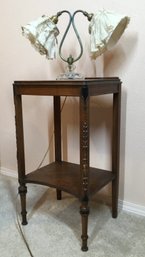 Table And Lamp ,Beautiful 28 Inch Tall Antique Table With Wonderful Glass Antique Two Bulb Lamp