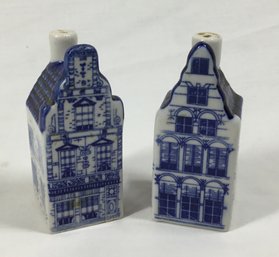 Vintage Delft Blue Holland Houses Handpainted Salt And Pepper Shakers