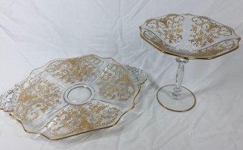 Cambridge Gold Rose Lace Floral Platter 14' Diameter & Pedestal Dish