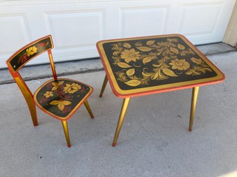 Fabulous Mid Century Gold & Red Hand Painted Child's Table & Chair- See Photos