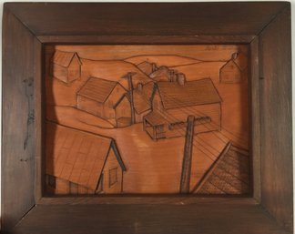 Hand Carved Wood Detailed Scene Of Houses- Made By Gerald Lindstrom 1982
