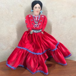 Handmade Navajo Doll Red Beaded Velvet Dress