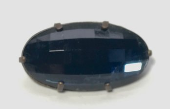 Vintage Brooch- Deep Blue Oval Glass Jewel With Square Facets