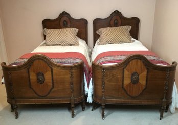 Wonderful Pair Of Vintage Walnut French Curved Footboard Twin Beds