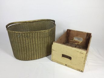 Wicker Basket With Vintage Wooden Box