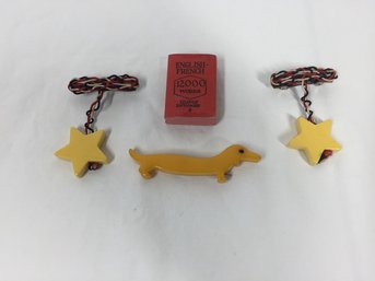 Vintage Lot Of Miniature Dictionary With Weiner Dog And Star Pins