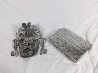 Mexican Tooled Mettal Mask & Box Decor