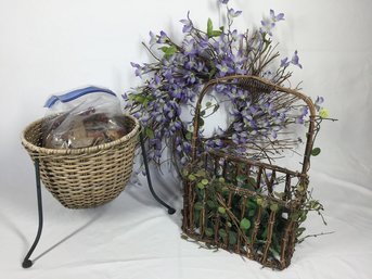 Faux Floral Decor Set With Wicker Basket