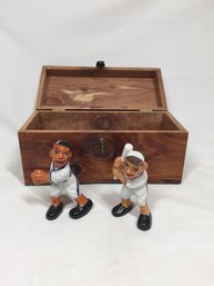 Vintage Baseball Player Figurines Made In Japan & Wonderful Wooden Box