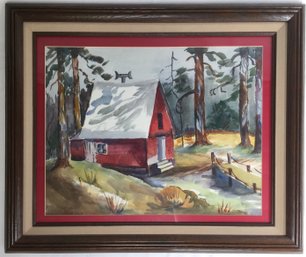 Framed Water Color Of A Little Red Cabin In The Woods