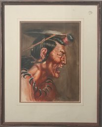 Unique And Intense Pastel Of Native With Claw Necklace And Eagle Feather- Artist Joe Waano-Gano